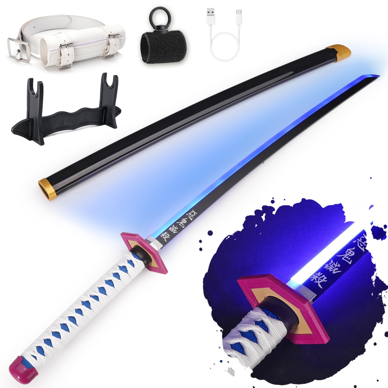 RENGENG Light Up Giyu Sword 40 Inches Rechargeable Plastic Anime Replica with Belt & Stand Original Texture Anime Sword